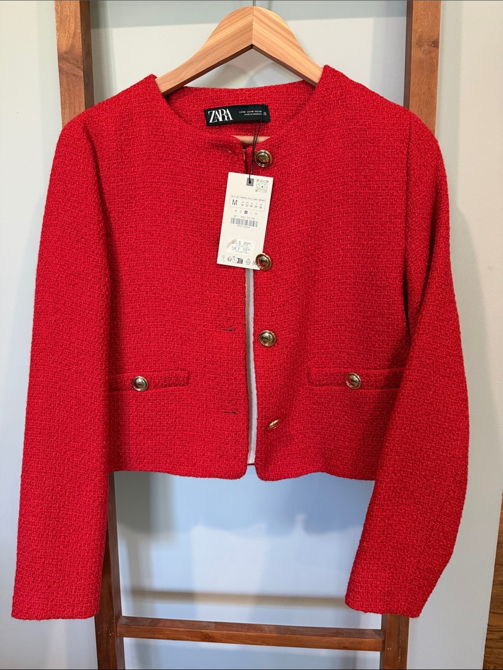 ZARA Red Cropped Textured Blazer with Gold Buttons